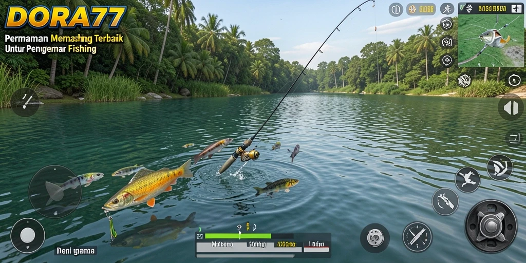 Tampilan gameplay DORA77 yang menarik saat memancing ikan.
